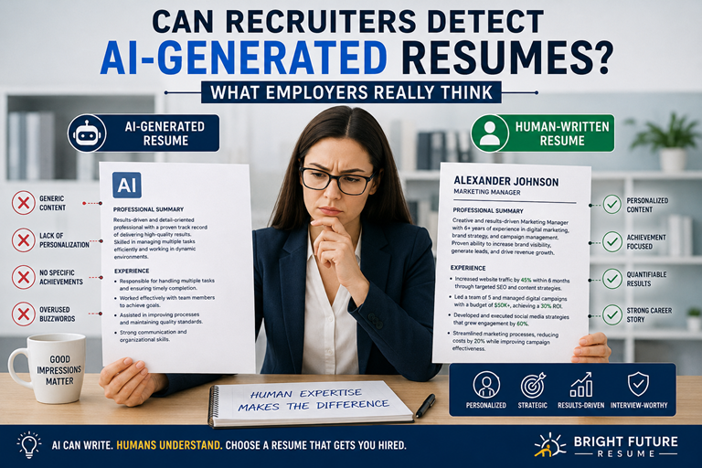 Recruiter reviewing a human-written resume and an AI-generated resume for comparison