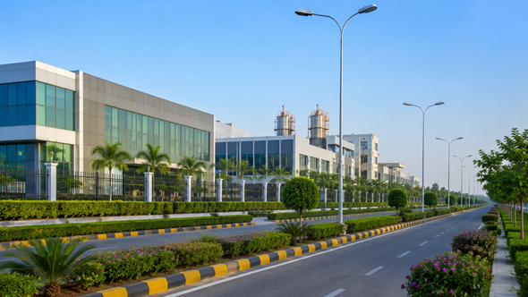 Tronica City Loni with modern roads, landscaped greenery, and industrial infrastructure representing career growth and Resume Writing Services Loni.