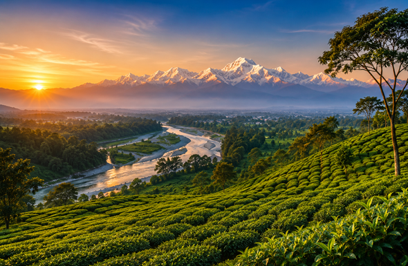 Scenic Kanchenjunga sunrise over tea gardens in Siliguri representing Resume Writing Services Siliguri by Bright Future Resume