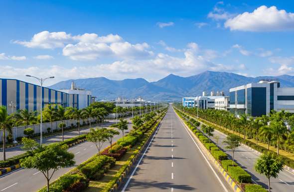 Gangaikondan SIPCOT Industrial Park in Tirunelveli with modern industrial buildings, landscaped roads, and greenery representing Resume Writing Services Tirunelveli.