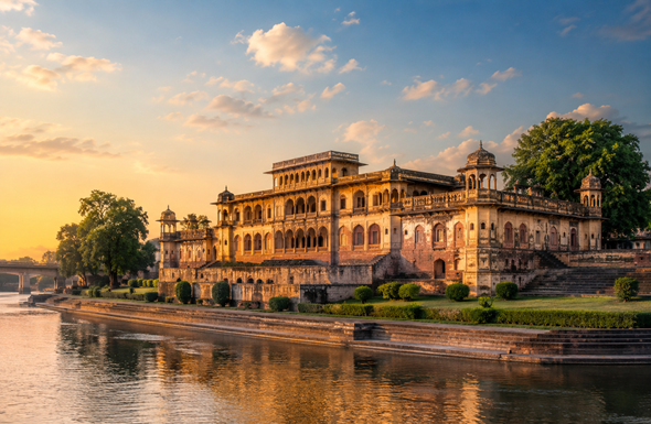 Scenic view of Kaliyadeh Palace in Ujjain with historic architecture and peaceful riverside surroundings.