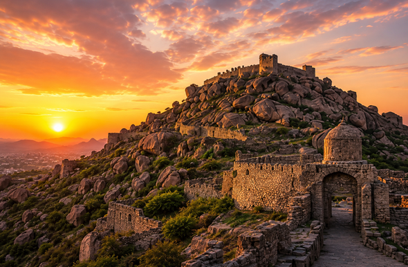 Bellary Fort on rocky hills at sunset in Bellary, Karnataka.