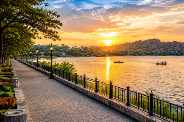 Scenic lakeside sunset view representing Resume Writing Services Davanagere