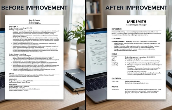 Before and after resume examples showing improved resume formatting and content
