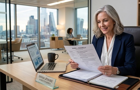 Executive resume examples and senior leadership CV preparation on a professional office desk