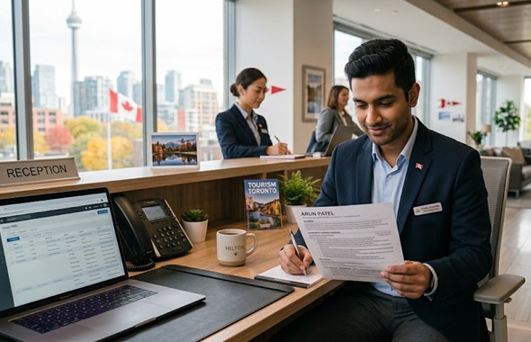 Hotel Staff Resume with hospitality professional reviewing career documents