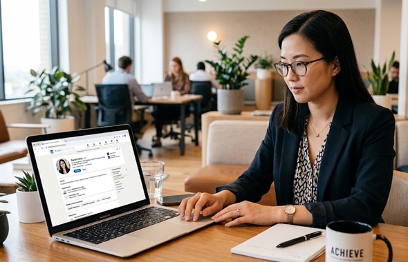 LinkedIn profile optimization guide showing a professional profile with a clear headline, skills, and work experience