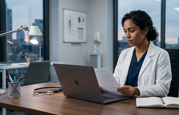 Professional nurse reviewing an ATS-friendly nurse resume on a laptop