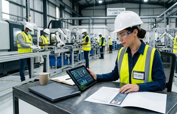 Production manager standing on a modern manufacturing plant floor reviewing a professional resume document and digital performance metrics on a tablet with automated machinery in the background.