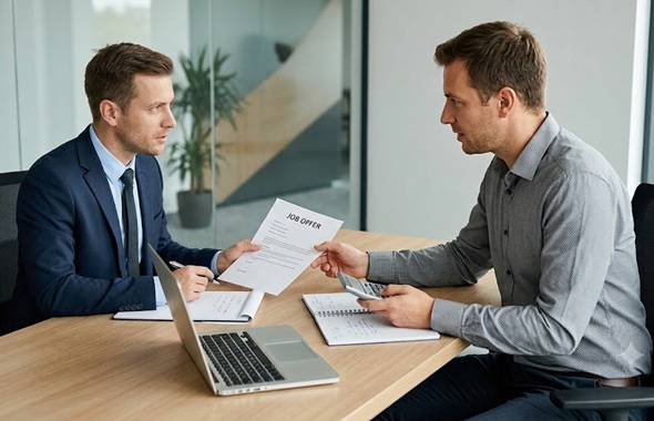 Professional reviewing a job offer and preparing for salary negotiation